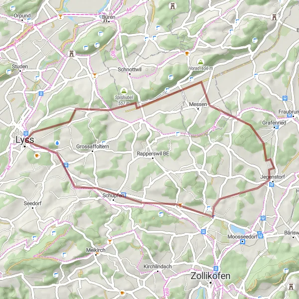 Miniatua del mapa de inspiración ciclista "Ruta de Grava hacia Schüpfen" en Espace Mittelland, Switzerland. Generado por Tarmacs.app planificador de rutas ciclistas