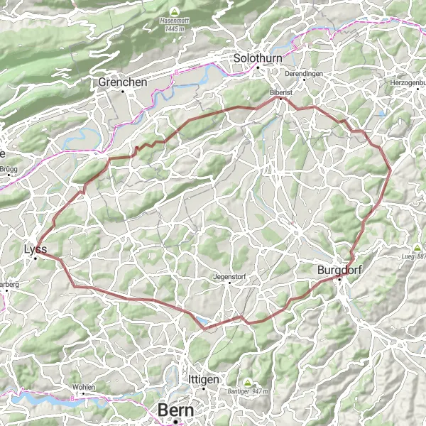 Miniatura della mappa di ispirazione al ciclismo "Esplorazione Gravel tra Lyss e Schüpfen" nella regione di Espace Mittelland, Switzerland. Generata da Tarmacs.app, pianificatore di rotte ciclistiche