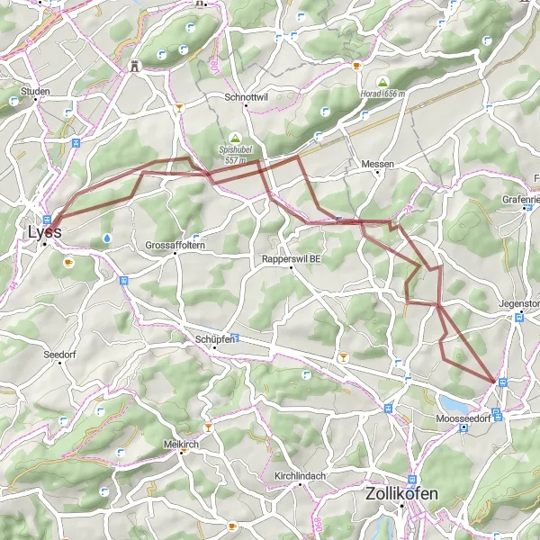 Mapa miniatúra "Gravelová cyklotúra cez Lyss" cyklistická inšpirácia v Espace Mittelland, Switzerland. Vygenerované cyklistickým plánovačom trás Tarmacs.app