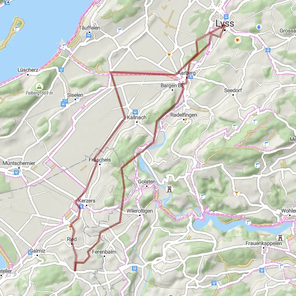 Mapa miniatúra "Gravel okruh cez Kallnach a Kerzers" cyklistická inšpirácia v Espace Mittelland, Switzerland. Vygenerované cyklistickým plánovačom trás Tarmacs.app