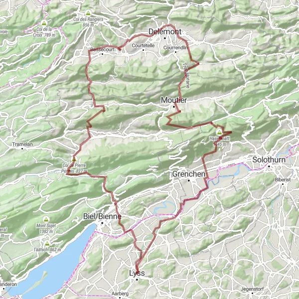 Mapa miniatúra "Gravel okruh cez Col de Pierre Pertuis" cyklistická inšpirácia v Espace Mittelland, Switzerland. Vygenerované cyklistickým plánovačom trás Tarmacs.app