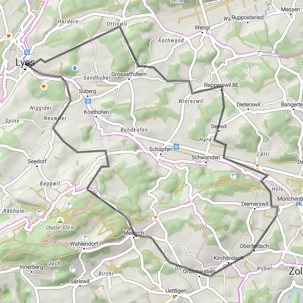 Kartminiatyr av "Lyss til Frienisberg Loop" sykkelinspirasjon i Espace Mittelland, Switzerland. Generert av Tarmacs.app sykkelrutoplanlegger