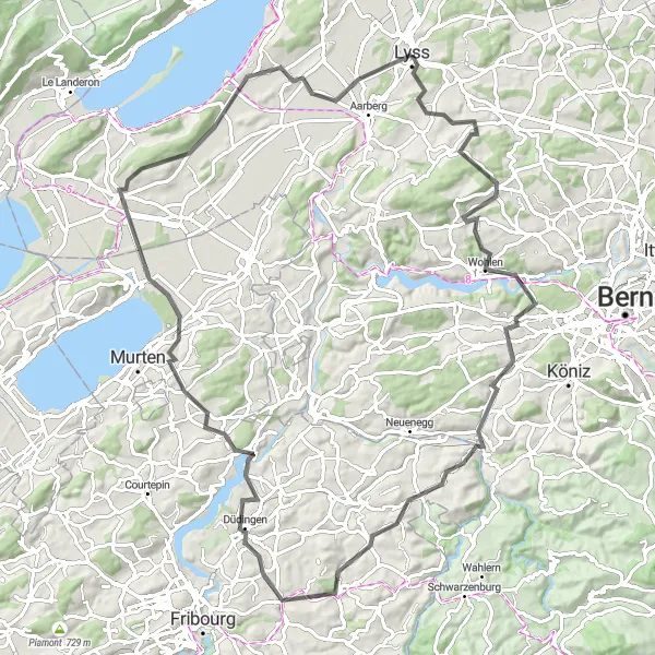 Mapa miniatúra "Jazda na bicykli cez Espace Mittelland" cyklistická inšpirácia v Espace Mittelland, Switzerland. Vygenerované cyklistickým plánovačom trás Tarmacs.app