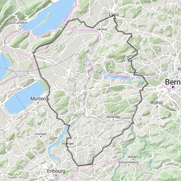 Map miniature of "Lake Morat Tour" cycling inspiration in Espace Mittelland, Switzerland. Generated by Tarmacs.app cycling route planner