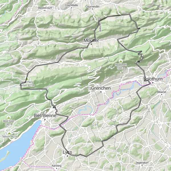 Miniaturekort af cykelinspirationen "Racer-cykelrute fra Lyss til Wengi" i Espace Mittelland, Switzerland. Genereret af Tarmacs.app cykelruteplanlægger
