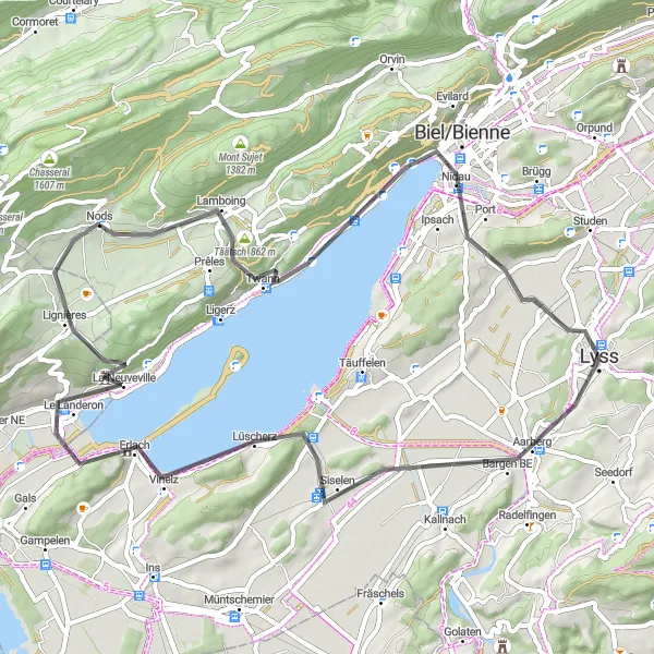 Map miniature of "Lyss Round Trip via Finsterhennen" cycling inspiration in Espace Mittelland, Switzerland. Generated by Tarmacs.app cycling route planner