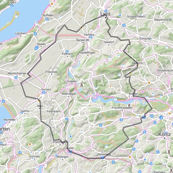 Map miniature of "Meikirch-Flamatt-Kriechenwil-Treiten-Kappelen loop" cycling inspiration in Espace Mittelland, Switzerland. Generated by Tarmacs.app cycling route planner