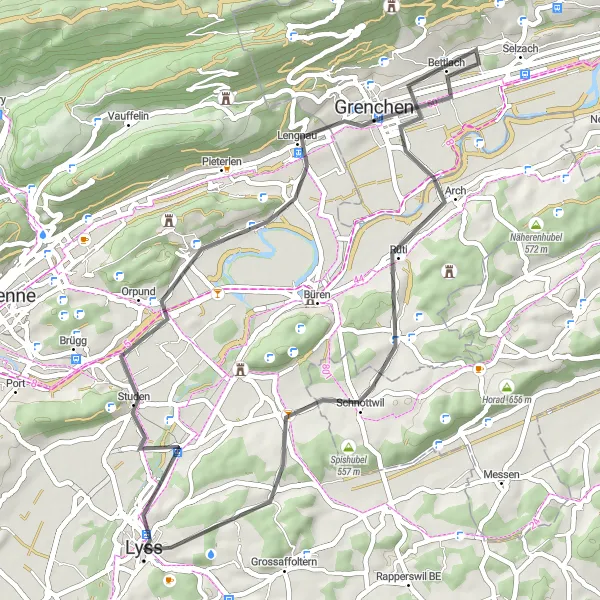 Miniatura della mappa di ispirazione al ciclismo "Tour panoramico da Lyss" nella regione di Espace Mittelland, Switzerland. Generata da Tarmacs.app, pianificatore di rotte ciclistiche