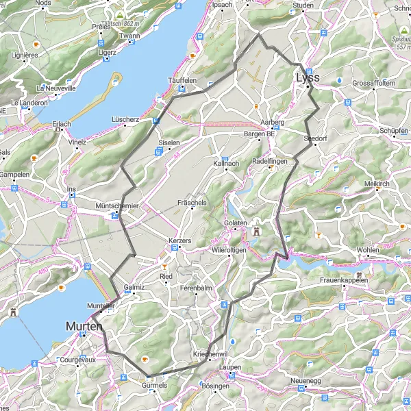 Miniatua del mapa de inspiración ciclista "Ruta de ciclismo de carretera por Murten y el lago de Morat" en Espace Mittelland, Switzerland. Generado por Tarmacs.app planificador de rutas ciclistas