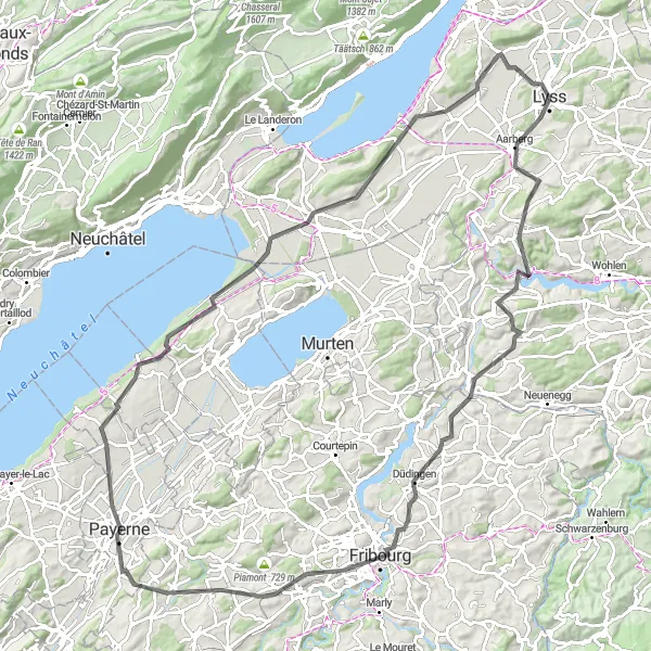 Miniatura della mappa di ispirazione al ciclismo "Percorso panoramico attraverso Aarberg e Payerne" nella regione di Espace Mittelland, Switzerland. Generata da Tarmacs.app, pianificatore di rotte ciclistiche