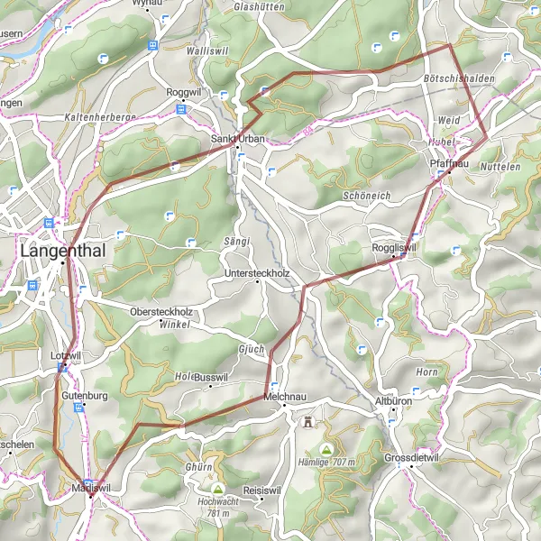 Miniatura della mappa di ispirazione al ciclismo "Giro in bicicletta Bisighöchi - Roggliswil" nella regione di Espace Mittelland, Switzerland. Generata da Tarmacs.app, pianificatore di rotte ciclistiche