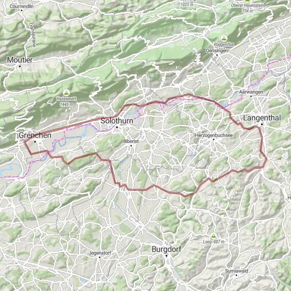 Miniatua del mapa de inspiración ciclista "Desafiante ruta de ciclismo de grava por Alchenstorf y Grenchen" en Espace Mittelland, Switzerland. Generado por Tarmacs.app planificador de rutas ciclistas