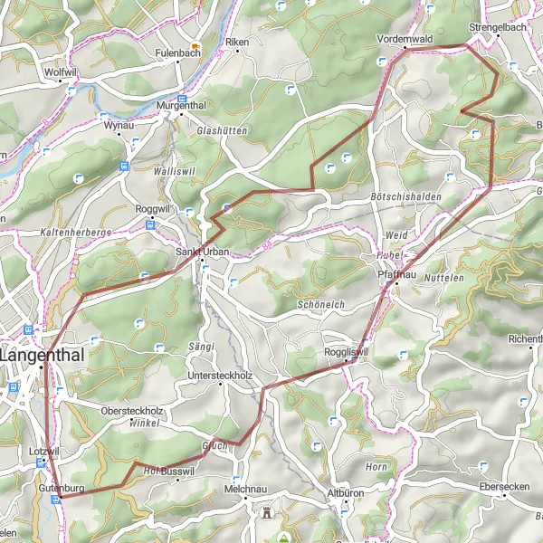 Miniaturekort af cykelinspirationen "Gruscykelrute til Langenthal" i Espace Mittelland, Switzerland. Genereret af Tarmacs.app cykelruteplanlægger