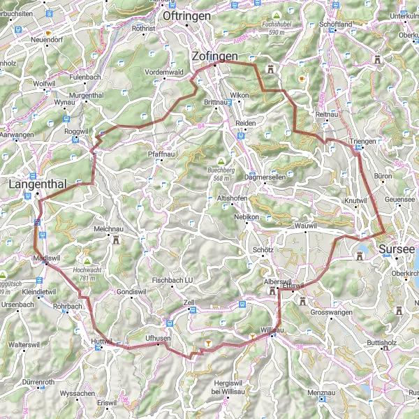 Miniatua del mapa de inspiración ciclista "Aventura en grava: Bisighöchi-Langenthal" en Espace Mittelland, Switzerland. Generado por Tarmacs.app planificador de rutas ciclistas