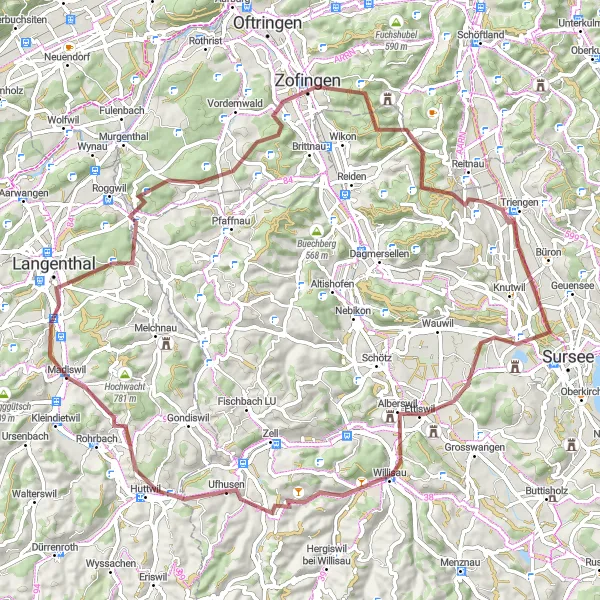 Miniaturní mapa "Gravel Bisighöchi Circuit" inspirace pro cyklisty v oblasti Espace Mittelland, Switzerland. Vytvořeno pomocí plánovače tras Tarmacs.app