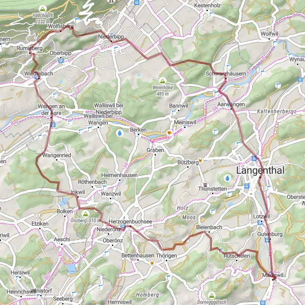 Miniatura della mappa di ispirazione al ciclismo "Gravità intorno a Madiswil" nella regione di Espace Mittelland, Switzerland. Generata da Tarmacs.app, pianificatore di rotte ciclistiche