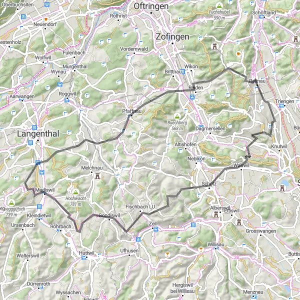 Miniaturní mapa "Silnice serpentin" inspirace pro cyklisty v oblasti Espace Mittelland, Switzerland. Vytvořeno pomocí plánovače tras Tarmacs.app