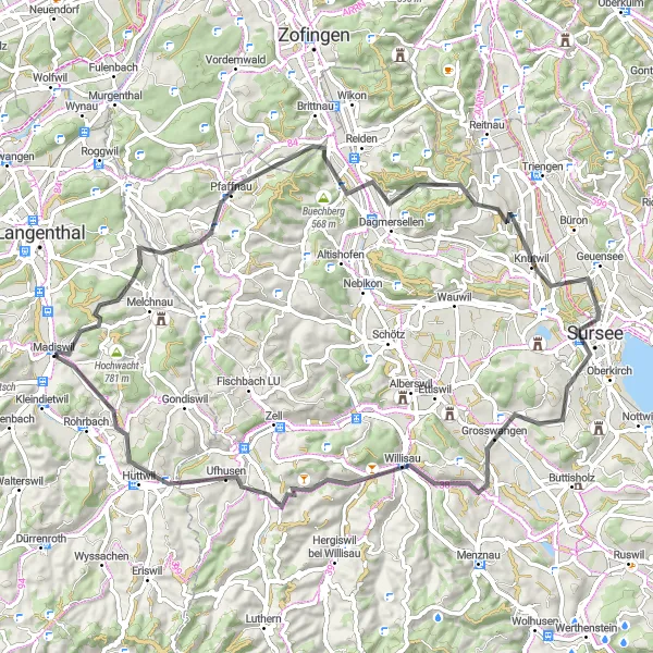 Kartminiatyr av "Oppdag Roggliswil og Sursee" sykkelinspirasjon i Espace Mittelland, Switzerland. Generert av Tarmacs.app sykkelrutoplanlegger