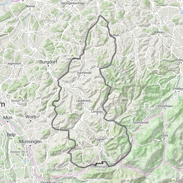 Miniatua del mapa de inspiración ciclista "Aventura épica de carretera Madiswil-Madiswil" en Espace Mittelland, Switzerland. Generado por Tarmacs.app planificador de rutas ciclistas