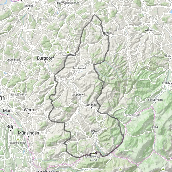 Karten-Miniaturansicht der Radinspiration "Herausforderung Bergauf" in Espace Mittelland, Switzerland. Erstellt vom Tarmacs.app-Routenplaner für Radtouren