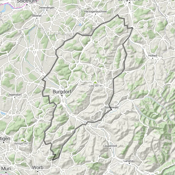 Miniatura della mappa di ispirazione al ciclismo "Alla scoperta di Espace Mittelland su due ruote" nella regione di Espace Mittelland, Switzerland. Generata da Tarmacs.app, pianificatore di rotte ciclistiche