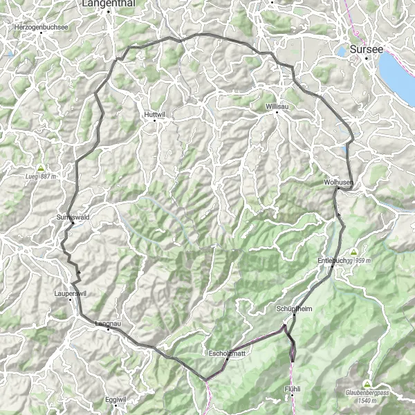 Mapa miniatúra "Trasa cez Ettiswil" cyklistická inšpirácia v Espace Mittelland, Switzerland. Vygenerované cyklistickým plánovačom trás Tarmacs.app
