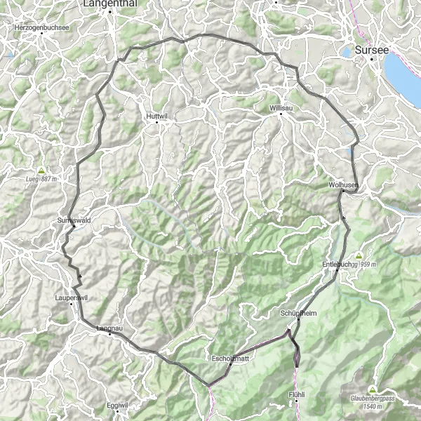 Karttaminiaatyyri "Retkipäivä Madiswil - Chrüzhöchi - Escholzmatt" pyöräilyinspiraatiosta alueella Espace Mittelland, Switzerland. Luotu Tarmacs.app pyöräilyreittisuunnittelijalla