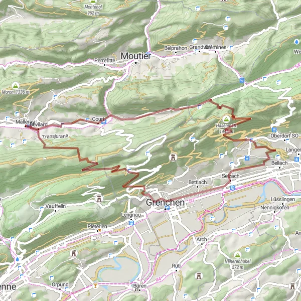 Miniaturní mapa "Okružní cyklistická trasa kolem Malleray (šotolinová)" inspirace pro cyklisty v oblasti Espace Mittelland, Switzerland. Vytvořeno pomocí plánovače tras Tarmacs.app