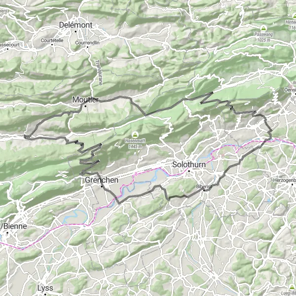 Miniatura della mappa di ispirazione al ciclismo "Ciclovia Rüttelhorn" nella regione di Espace Mittelland, Switzerland. Generata da Tarmacs.app, pianificatore di rotte ciclistiche