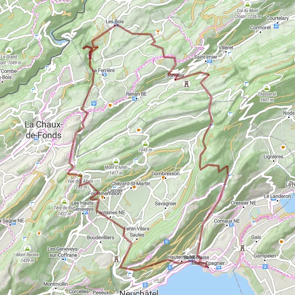 Map miniature of "Gravel Loop to Fontainemelon" cycling inspiration in Espace Mittelland, Switzerland. Generated by Tarmacs.app cycling route planner