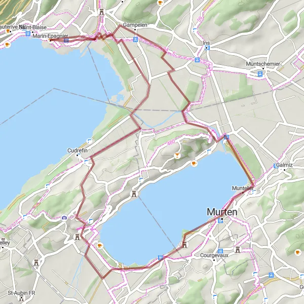 Mapa miniatúra "Gravelová trasa okolo jezera Neuchâtel" cyklistická inšpirácia v Espace Mittelland, Switzerland. Vygenerované cyklistickým plánovačom trás Tarmacs.app