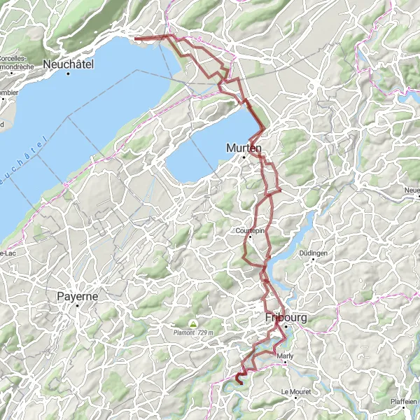 Map miniature of "Gravel Loop to Mont Vully" cycling inspiration in Espace Mittelland, Switzerland. Generated by Tarmacs.app cycling route planner