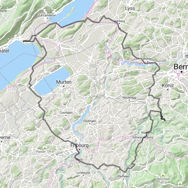 Miniatua del mapa de inspiración ciclista "Gran ruta de Oberbalm a Fribourg" en Espace Mittelland, Switzerland. Generado por Tarmacs.app planificador de rutas ciclistas