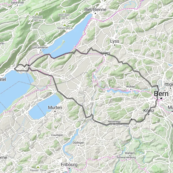 Map miniature of "Road Loop to Gampelen" cycling inspiration in Espace Mittelland, Switzerland. Generated by Tarmacs.app cycling route planner