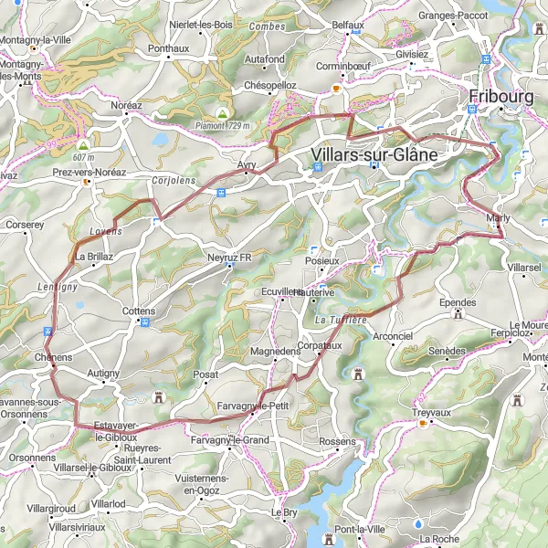 Karttaminiaatyyri "Marly - Villars-sur-Glâne - Chénens - Avry Loop" pyöräilyinspiraatiosta alueella Espace Mittelland, Switzerland. Luotu Tarmacs.app pyöräilyreittisuunnittelijalla