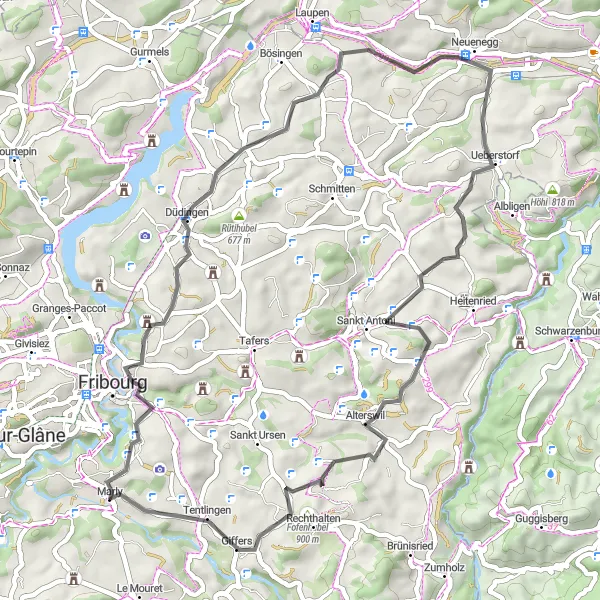 Mapa miniatúra "Cestou z Marly do Giffers" cyklistická inšpirácia v Espace Mittelland, Switzerland. Vygenerované cyklistickým plánovačom trás Tarmacs.app