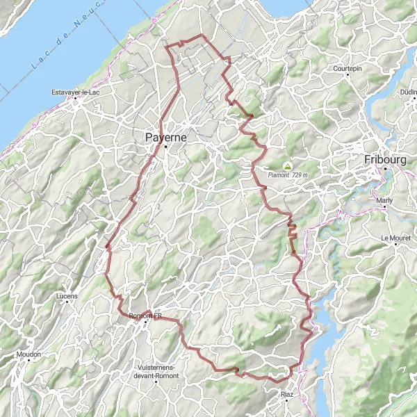 Mapa miniatúra "Gravelová jazda cez La Neirigue a Marsens" cyklistická inšpirácia v Espace Mittelland, Switzerland. Vygenerované cyklistickým plánovačom trás Tarmacs.app