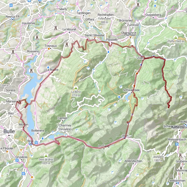 Map miniature of "Gruyère Gravel Adventure" cycling inspiration in Espace Mittelland, Switzerland. Generated by Tarmacs.app cycling route planner