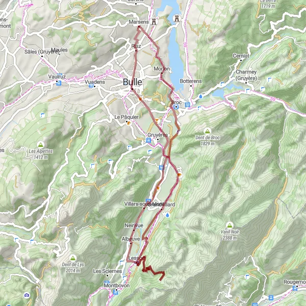 Map miniature of "Marsens to La Tour-de-Trême Gravel Escape" cycling inspiration in Espace Mittelland, Switzerland. Generated by Tarmacs.app cycling route planner