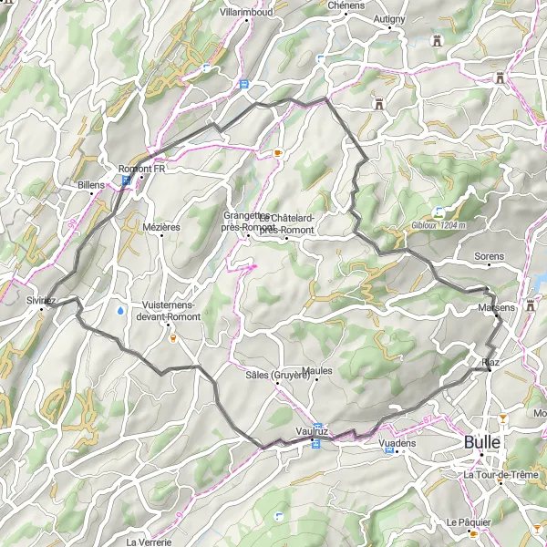 Kartminiatyr av "Marsens til La Magne og Orsonnens" sykkelinspirasjon i Espace Mittelland, Switzerland. Generert av Tarmacs.app sykkelrutoplanlegger