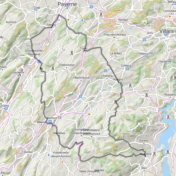 Miniatua del mapa de inspiración ciclista "Recorrido Escénico de Road Cycling cerca de Marsens" en Espace Mittelland, Switzerland. Generado por Tarmacs.app planificador de rutas ciclistas