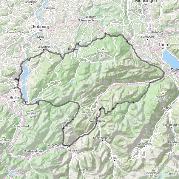Miniatua del mapa de inspiración ciclista "Ruta de Road Cycling a través de Espace Mittelland" en Espace Mittelland, Switzerland. Generado por Tarmacs.app planificador de rutas ciclistas