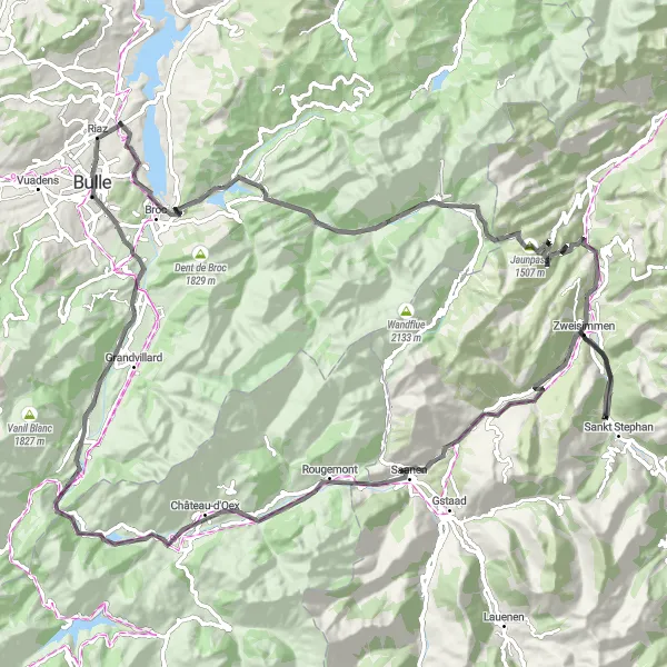 Miniatura della mappa di ispirazione al ciclismo "Giro in bicicletta panoramico attraverso Jaunpass" nella regione di Espace Mittelland, Switzerland. Generata da Tarmacs.app, pianificatore di rotte ciclistiche