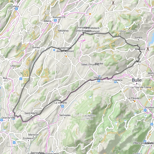Miniatua del mapa de inspiración ciclista "Ruta en carretera a Vaulruz" en Espace Mittelland, Switzerland. Generado por Tarmacs.app planificador de rutas ciclistas