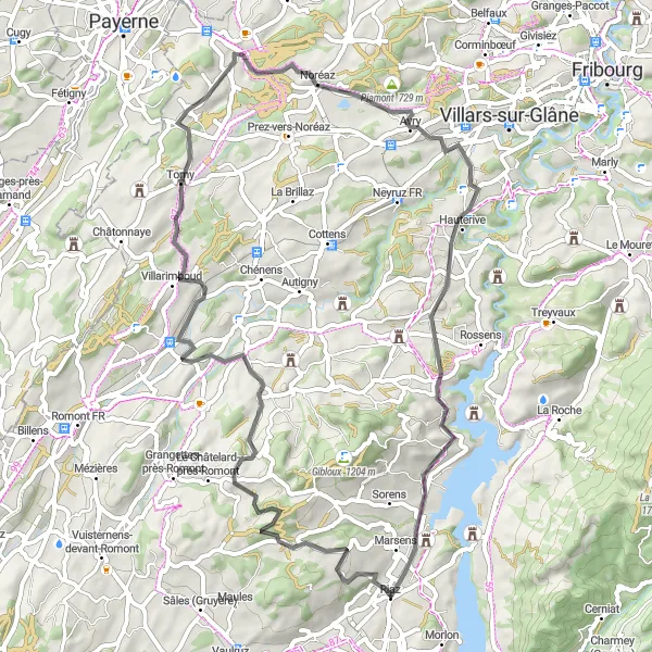 Kartminiatyr av "Utforsk landskapet på vei til Vuippens" sykkelinspirasjon i Espace Mittelland, Switzerland. Generert av Tarmacs.app sykkelrutoplanlegger
