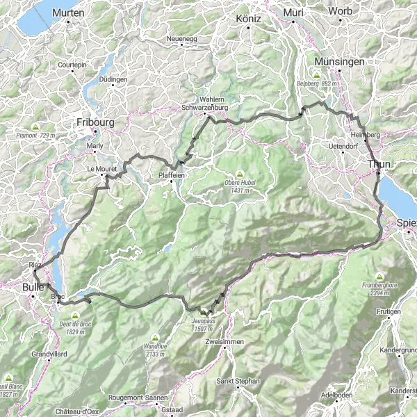 Miniaturekort af cykelinspirationen "Vejcykelrute til Lac de la Gruyère" i Espace Mittelland, Switzerland. Genereret af Tarmacs.app cykelruteplanlægger