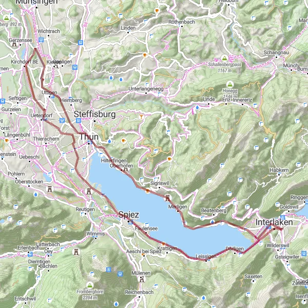 Miniatua del mapa de inspiración ciclista "Excursión en Grava a Thun" en Espace Mittelland, Switzerland. Generado por Tarmacs.app planificador de rutas ciclistas