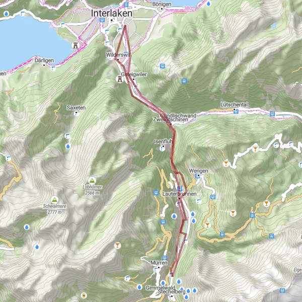Miniaturní mapa "Gravelová trasa kolem Gündlischwandu a Mürrenu" inspirace pro cyklisty v oblasti Espace Mittelland, Switzerland. Vytvořeno pomocí plánovače tras Tarmacs.app