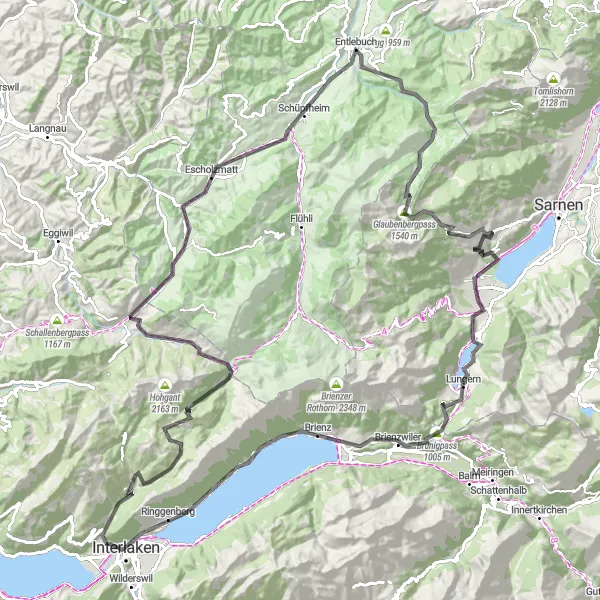 Miniature de la carte de l'inspiration cycliste "La boucle du Glaubenbergpass" dans la Espace Mittelland, Switzerland. Générée par le planificateur d'itinéraire cycliste Tarmacs.app