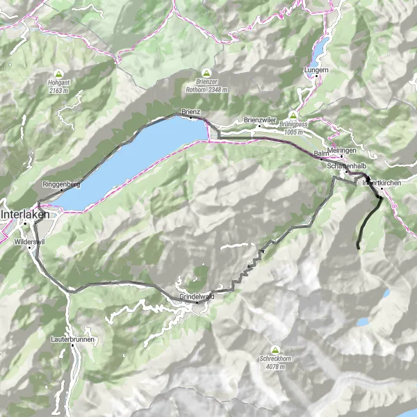 Miniatua del mapa de inspiración ciclista "Recorrido en bicicleta de carretera desde Matten a Kleiner Rugen" en Espace Mittelland, Switzerland. Generado por Tarmacs.app planificador de rutas ciclistas